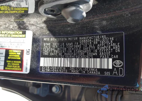 2016 Toyota Corolla Le Plus из США, поврежденный, VIN 2T1BURHE4GC602675